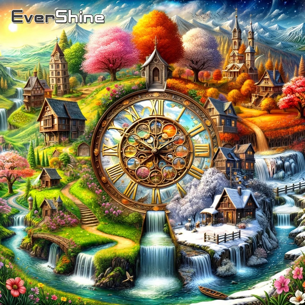 Resin Art Clock - Evershine House Lukisan Berlian Pemandangan Empat